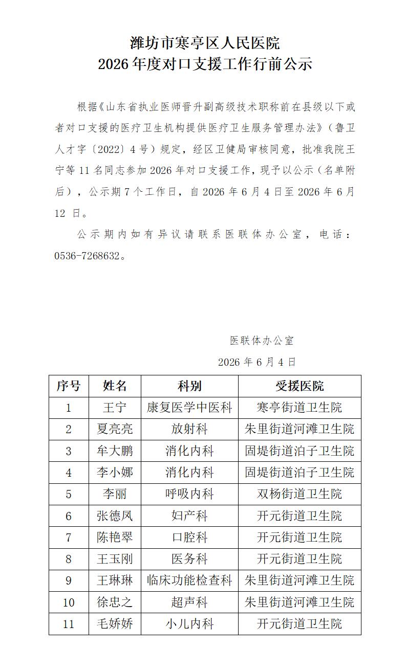 潍坊市寒亭区人民医院2026年度对口支援工作行前公示